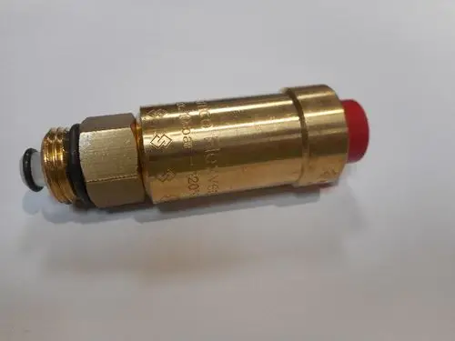 Entlüfterventil aus Messing mit rotem Knopf, hergestellt von Remeha. Das Produkt hat eine Anschlussgewinde und O-Ring zur Abdichtung.